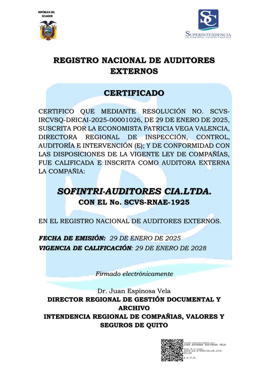 Certificado del Registro Nacional de Auditores Externos de SOFINTRI-AUDITORES CIA. LTDA.
